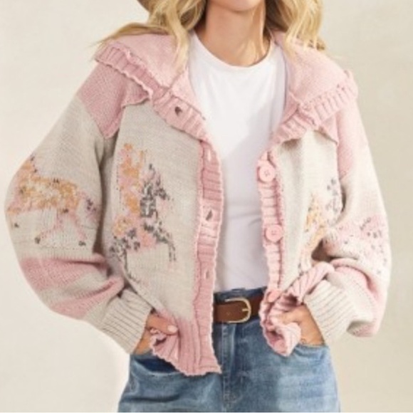 Sweaters - Cozy Horse Veveret Western Graphic Wide Collar Button Down Cardigan